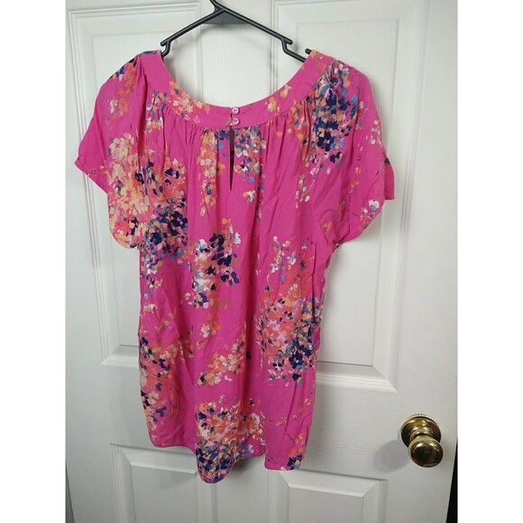 St. Johns Bay Woman PXL Blouse Pink Floral Pleated Round Neck Ladder Crochet... - Picture 8 of 8
